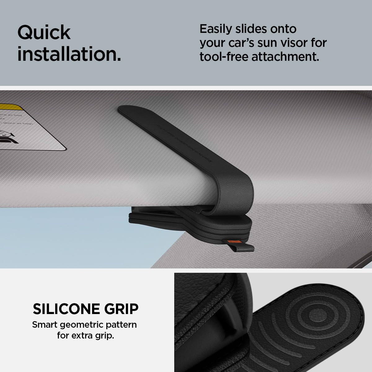 Spigen installed on sun visor demonstrating low-profile placement and unobstructed movement