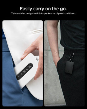 Spigen holder clipped to bag with carabiner showing portability benefit