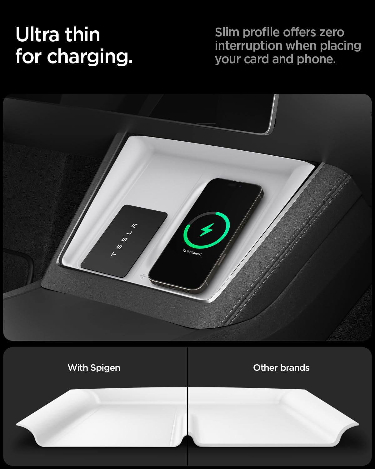 Spigen side profile showing 0.8mm thinness preserving charging benefit