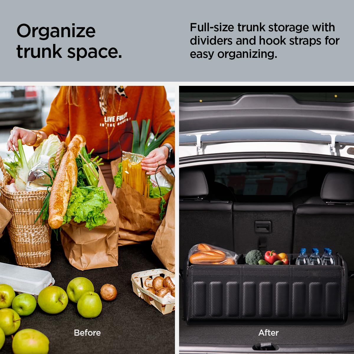 Spigen lifestyle trunk scene showing tidy cargo and easy access