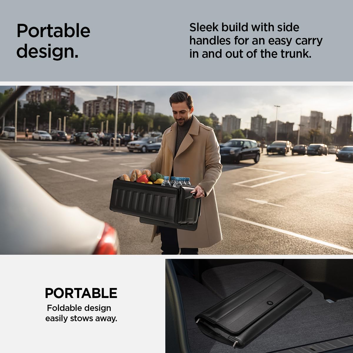 Spigen organizer next to grocery bags showing real-world capacity