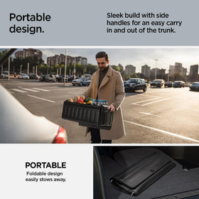 Spigen organizer next to grocery bags showing real-world capacity
