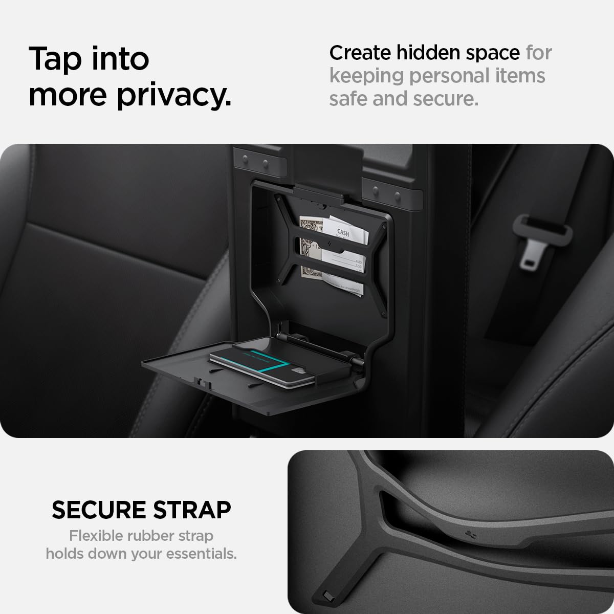 Spigen installed under armrest profile fitting flush for tidy concealment