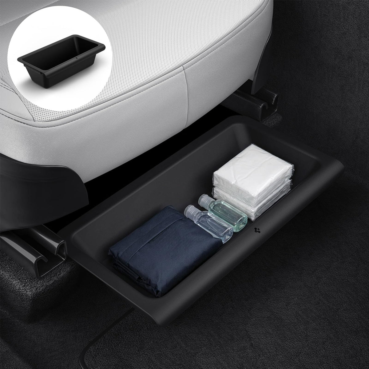 Spigen under seat storage box front view showing neat, hidden storage benefit