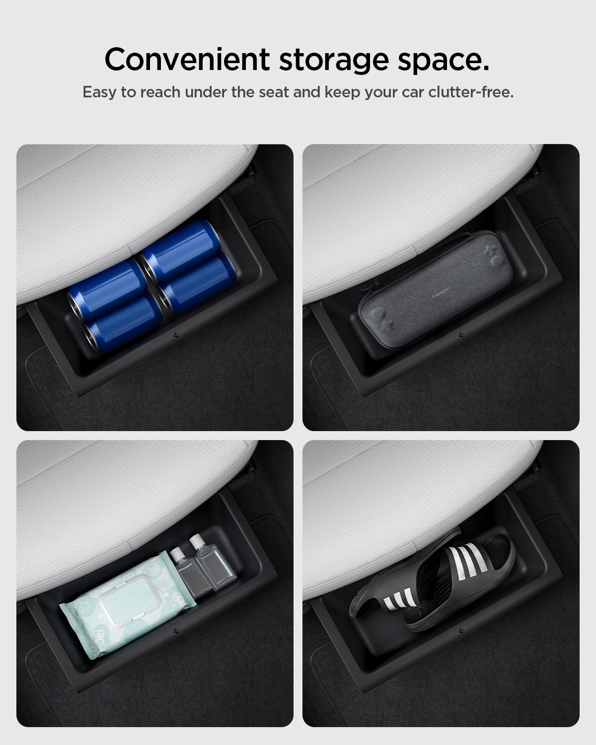 Spigen installed under Tesla Model Y Juniper seat illustrating factory-fit benefit