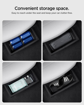 Spigen installed under Tesla Model Y Juniper seat illustrating factory-fit benefit