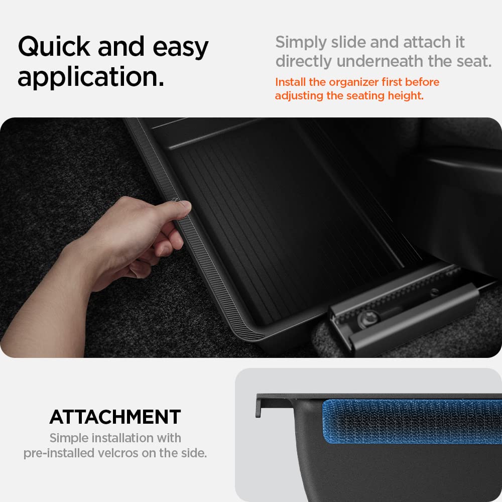 Spigen under seat next to water bottle for scale, clarifies storage capacity