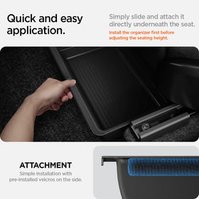Spigen under seat next to water bottle for scale, clarifies storage capacity
