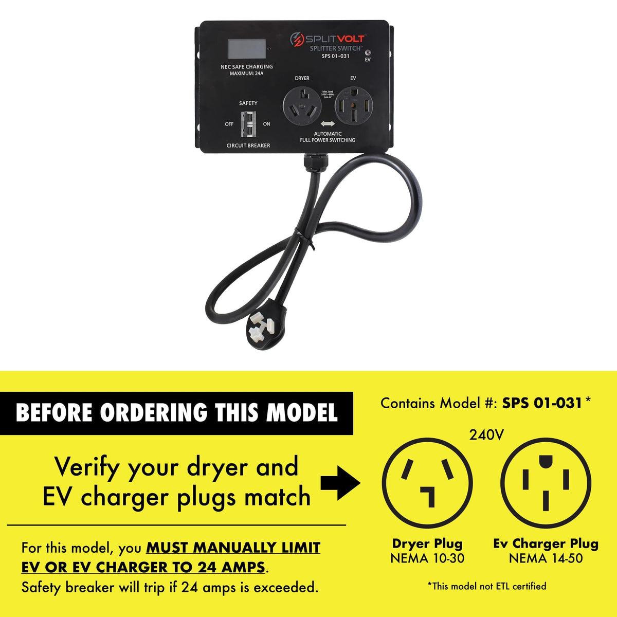 Splitvolt plugged into a dryer outlet, Splitvolt enables Level 2 charging without rewiring