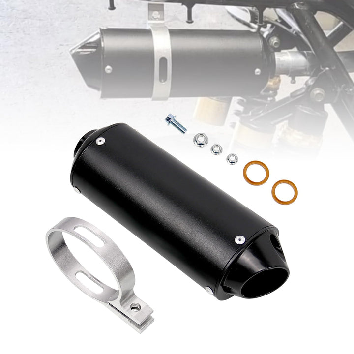 Sporacingrts muffler front view showing compact design and sleek black finish