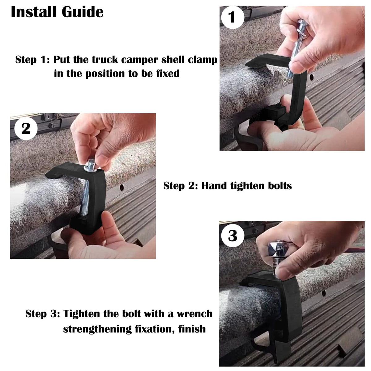 Sporthfish clamps securing a camper shell to truck bed showing reliable hold