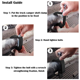 Sporthfish clamps securing a camper shell to truck bed showing reliable hold