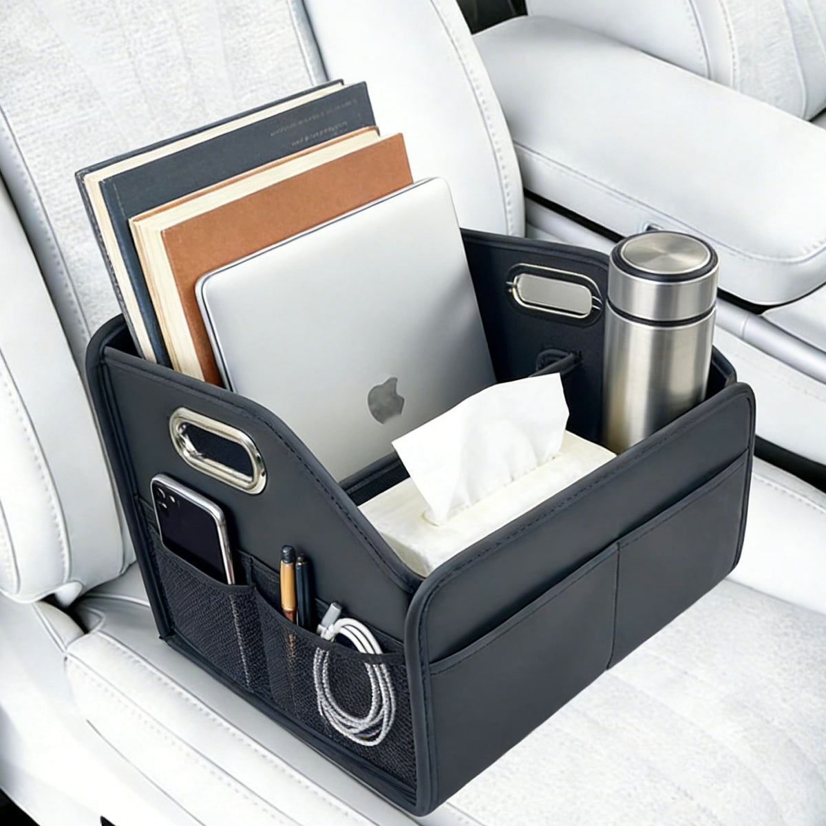 SportySizz full view front seat caddy showing organized compartments and clean look