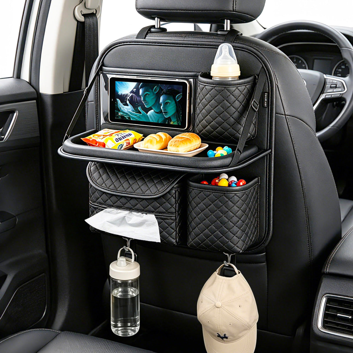 SportySizz front view of black backseat organizer showing pockets and tray benefit tidy storage