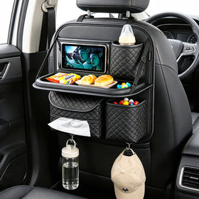 SportySizz front view of black backseat organizer showing pockets and tray benefit tidy storage