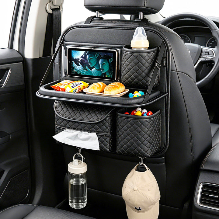 SportySizz front view of black backseat organizer showing pockets and tray benefit tidy storage