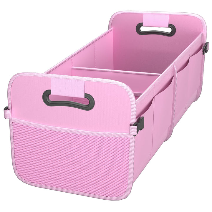 Sposuit front view showing pink organizer and clear branding, keeps trunk tidy