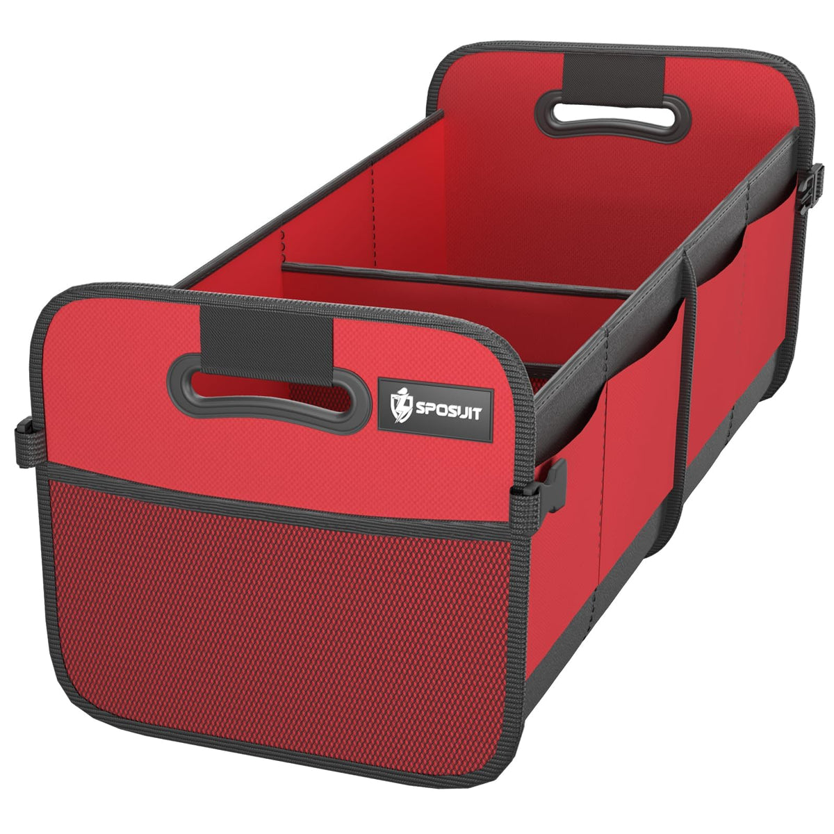 Sposuit front view of red trunk organizer showing structured compartments and easy access