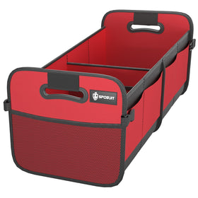 Sposuit front view of red trunk organizer showing structured compartments and easy access