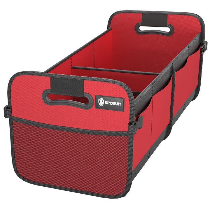 Sposuit front view of red trunk organizer showing structured compartments and easy access