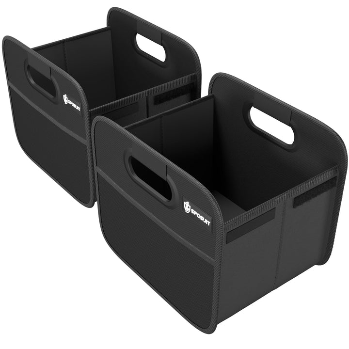 Sposuit front view of trunk organizer showing two-piece set and tidy storage benefit