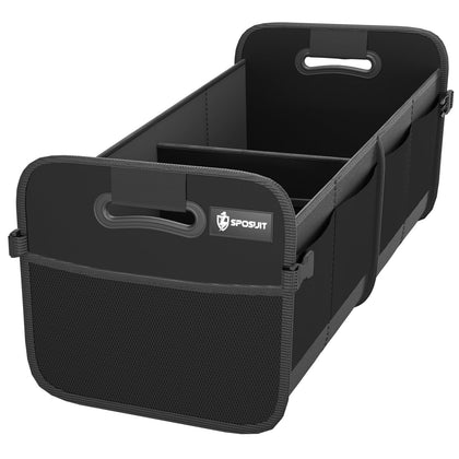 Sposuit trunk organizer front view showing roomy storage and secure Velcro anchoring