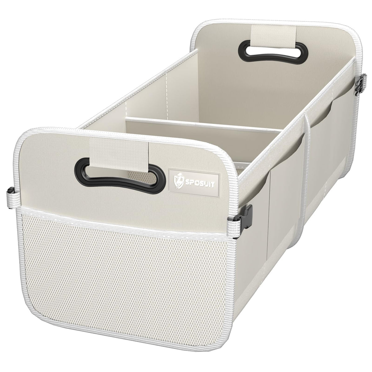 Sposuit front view showing white trunk organizer and neat storage benefit