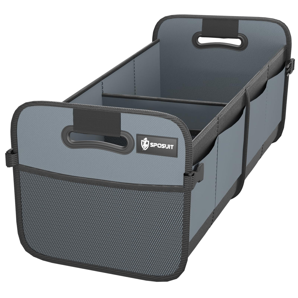 Sposuit front view of trunk organizer showing compartments and tidy storage benefit