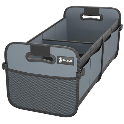 Sposuit front view of trunk organizer showing compartments and tidy storage benefit
