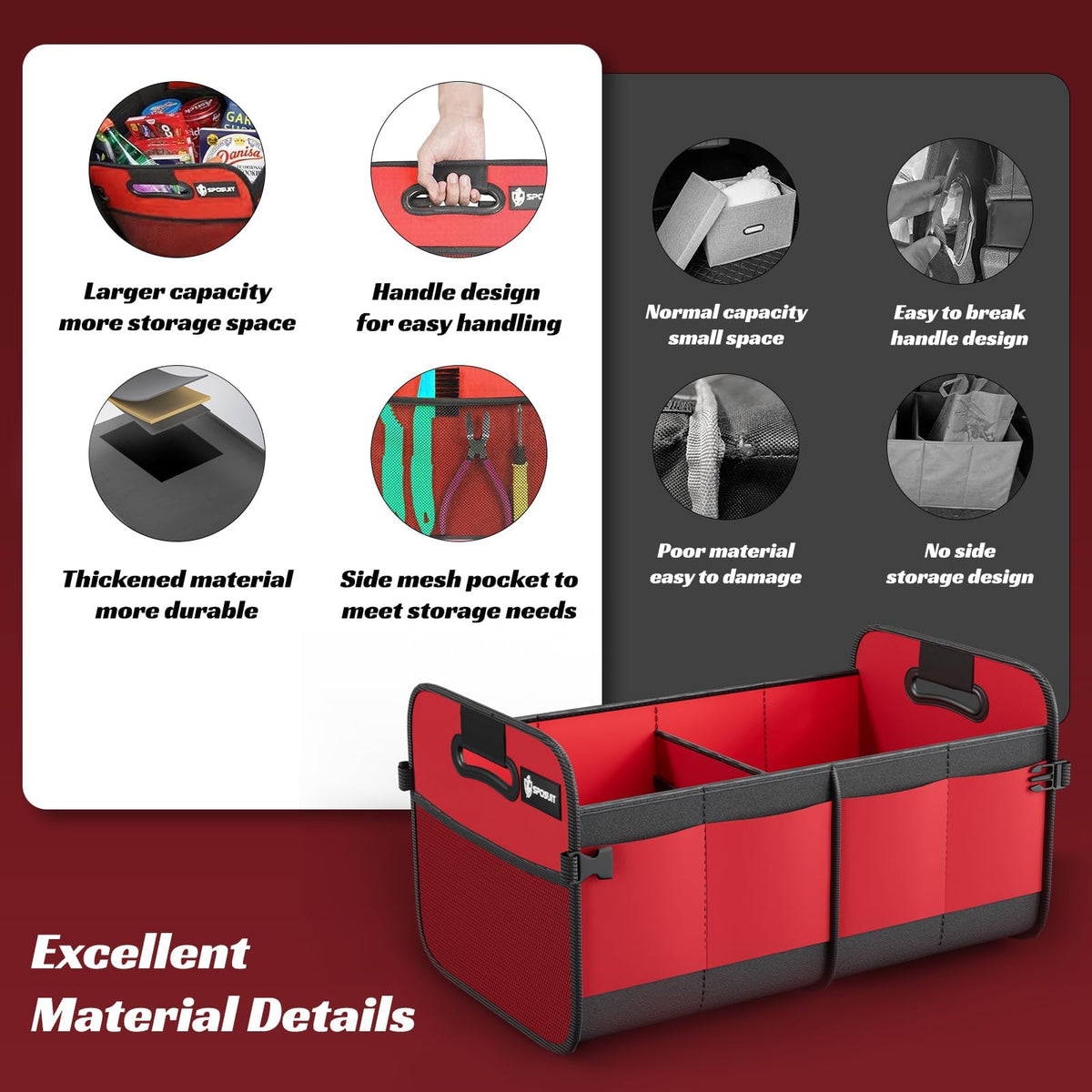 Sposuit red organizer in car trunk holding groceries for secure transport