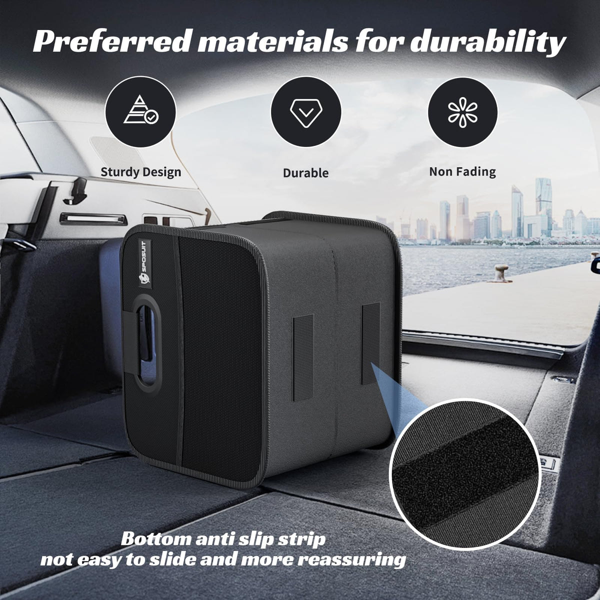 Sposuit organizer in trunk holding groceries showing stable containment benefit