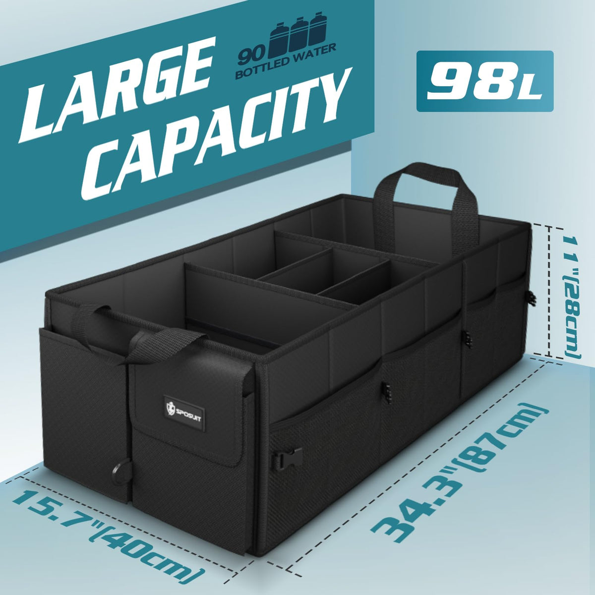Sposuit open interior showing three compartments and divider layout