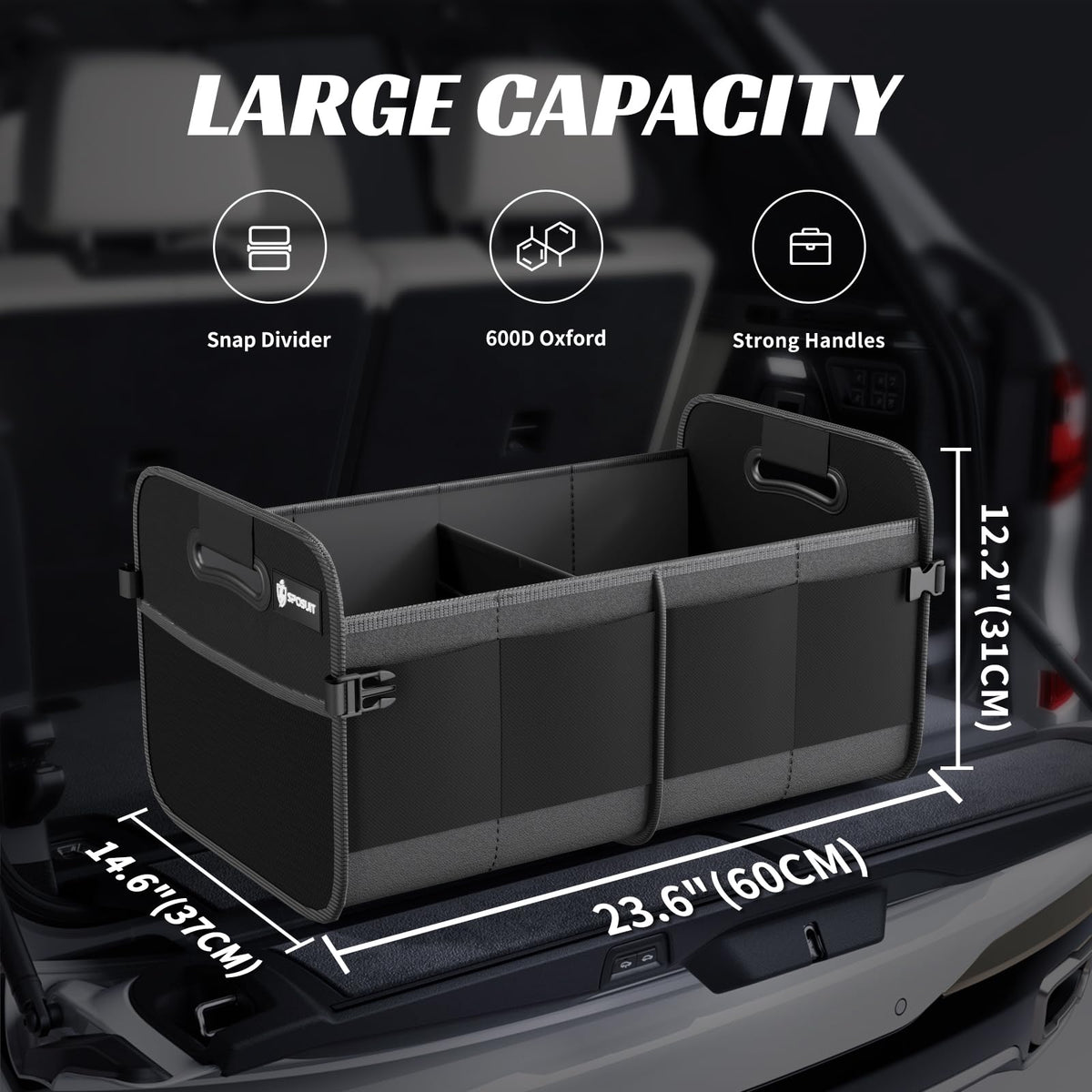 Sposuit open trunk organizer top view displaying two main compartments for separation