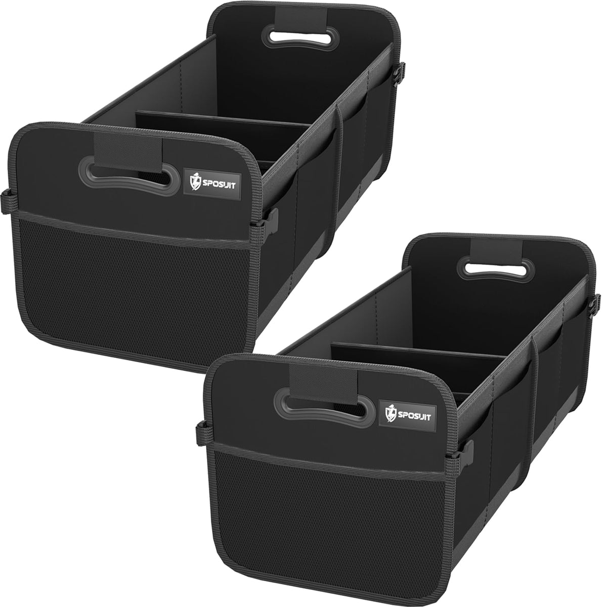 Sposuit trunk organizer front view showing roomy compartments and neat storage