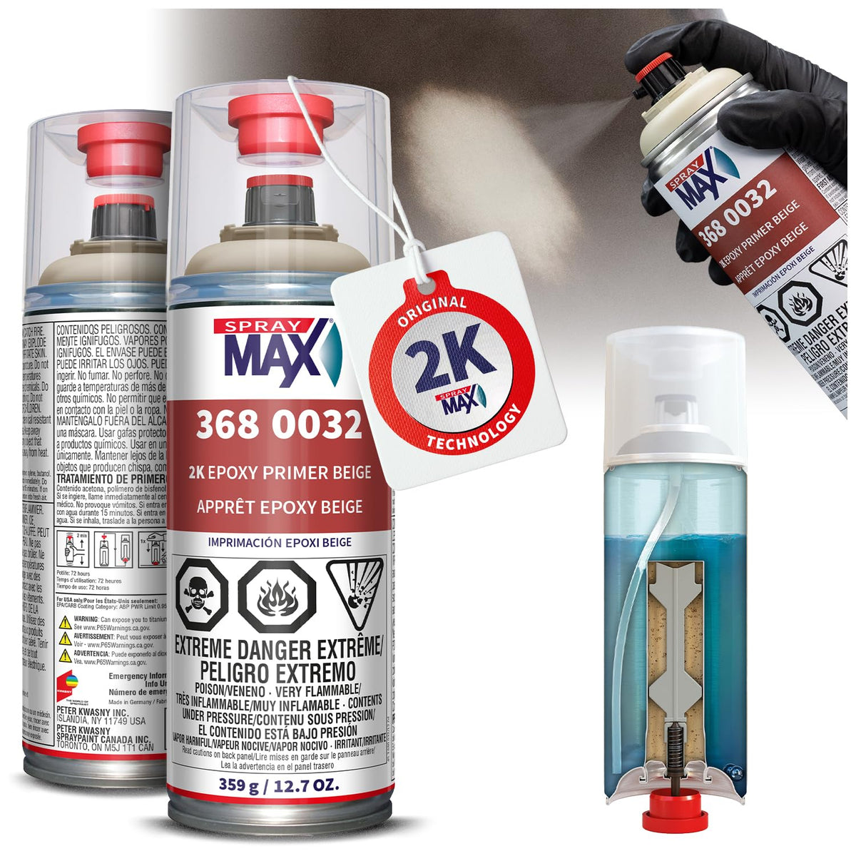 SprayMax front can showing product and benefits on neutral background