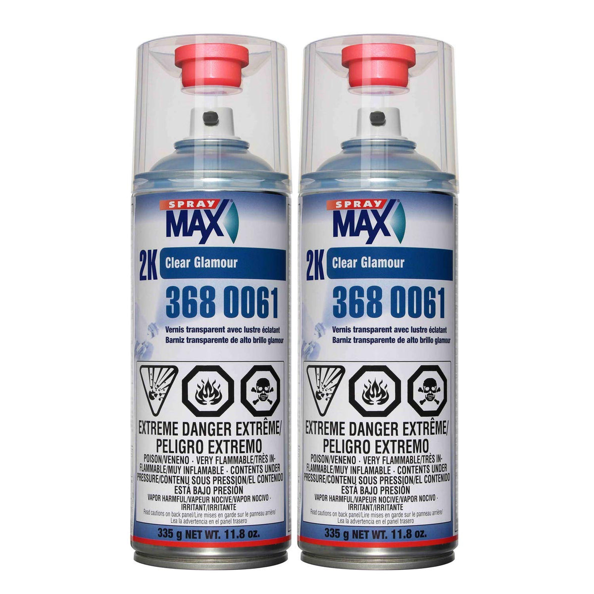 SprayMax 2K aerosol can front view showing label and glossy finish benefit