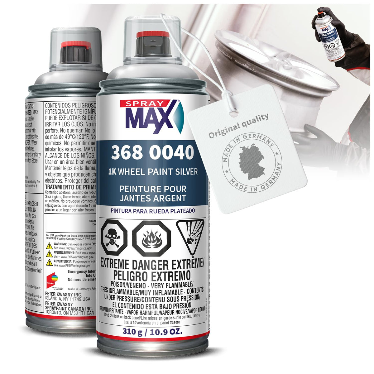 SprayMax front can view showing silver wheel paint and quick application benefit