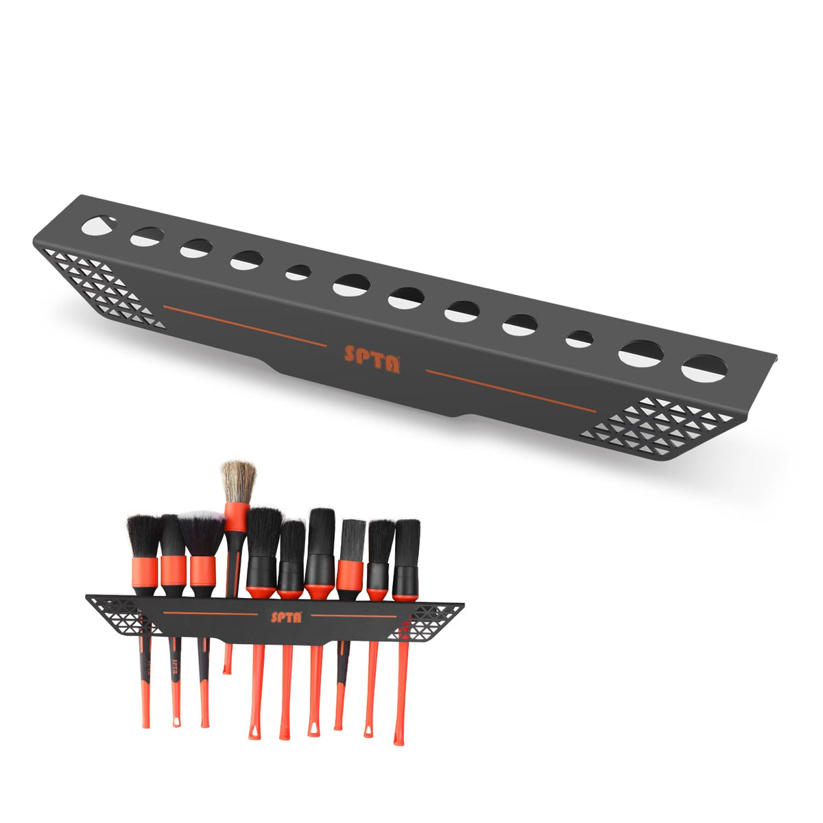 SPTA brush holder front view showing 12 slots and neat organization benefit