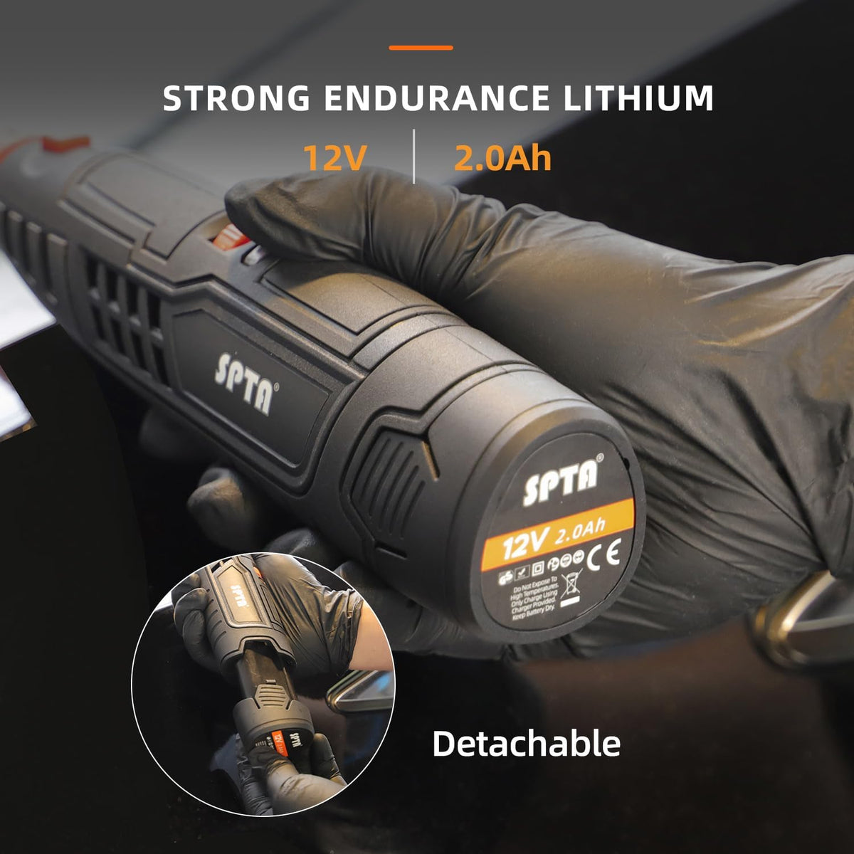 SPTA battery mounted on tool showing quick-change convenience