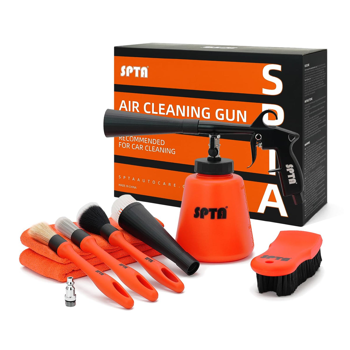SPTA cleaning gun front view showing compact alloy body and bottle for durable detailing