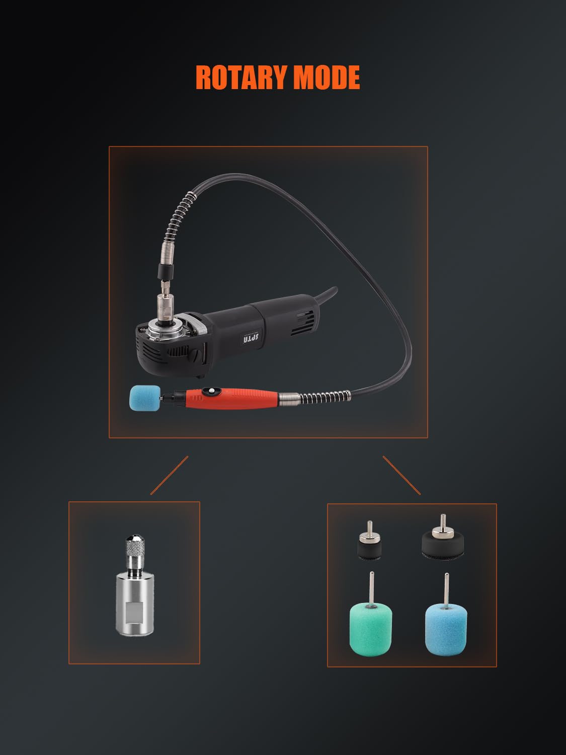 SPTA drill accessories arranged to show included chucks and shaft