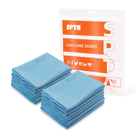 SPTA 12-pack front packaging showing blue microfiber cloths and benefits
