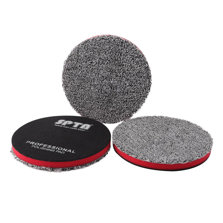 SPTA front packaging showing three 125mm microfiber pads and product benefits