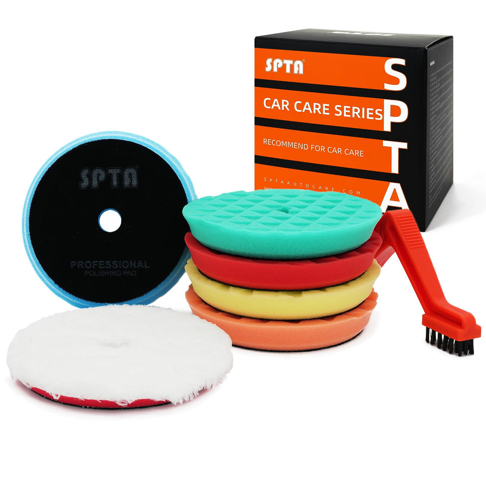 SPTA front view of 6in polishing pad set showing contents and benefits