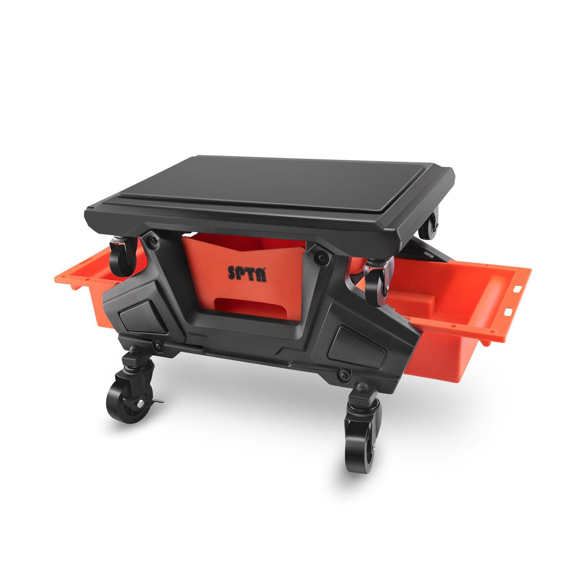 SPTA front view roller stool showing seat and storage, improves workshop efficiency