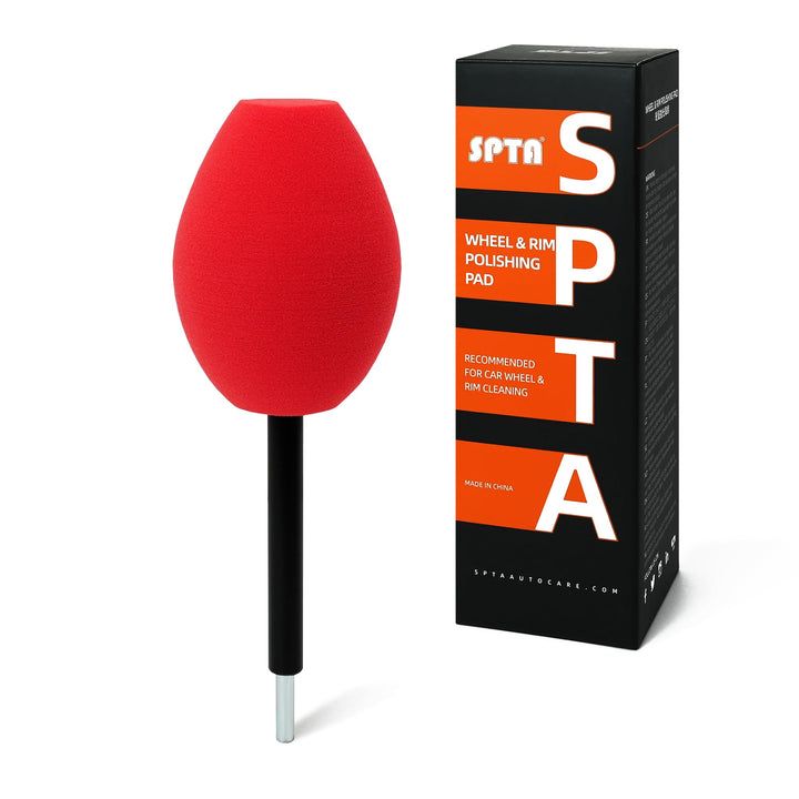 SPTA front view of wheel polisher showing attachment and cone benefit quick cleaning
