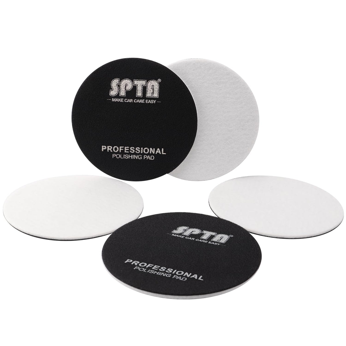 SPTA microfiber polishing pad front packaging showing five-piece kit and benefit of scratch removal