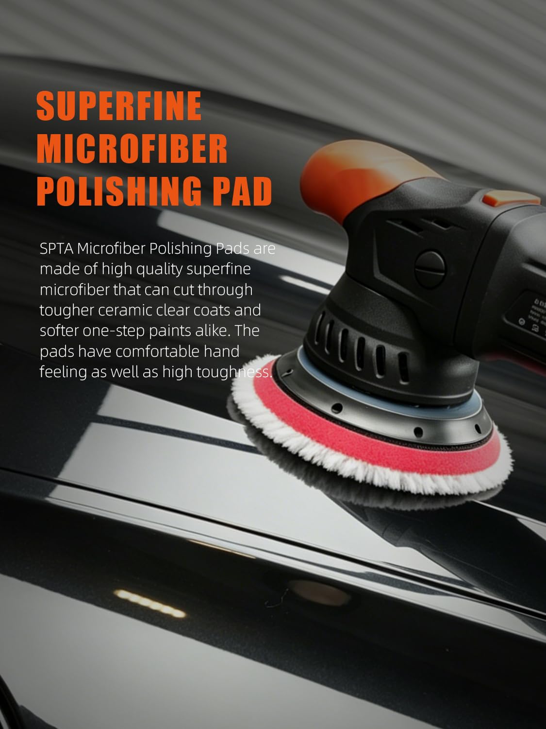 SPTA pad attached to DA polisher polishing a car door for smooth results
