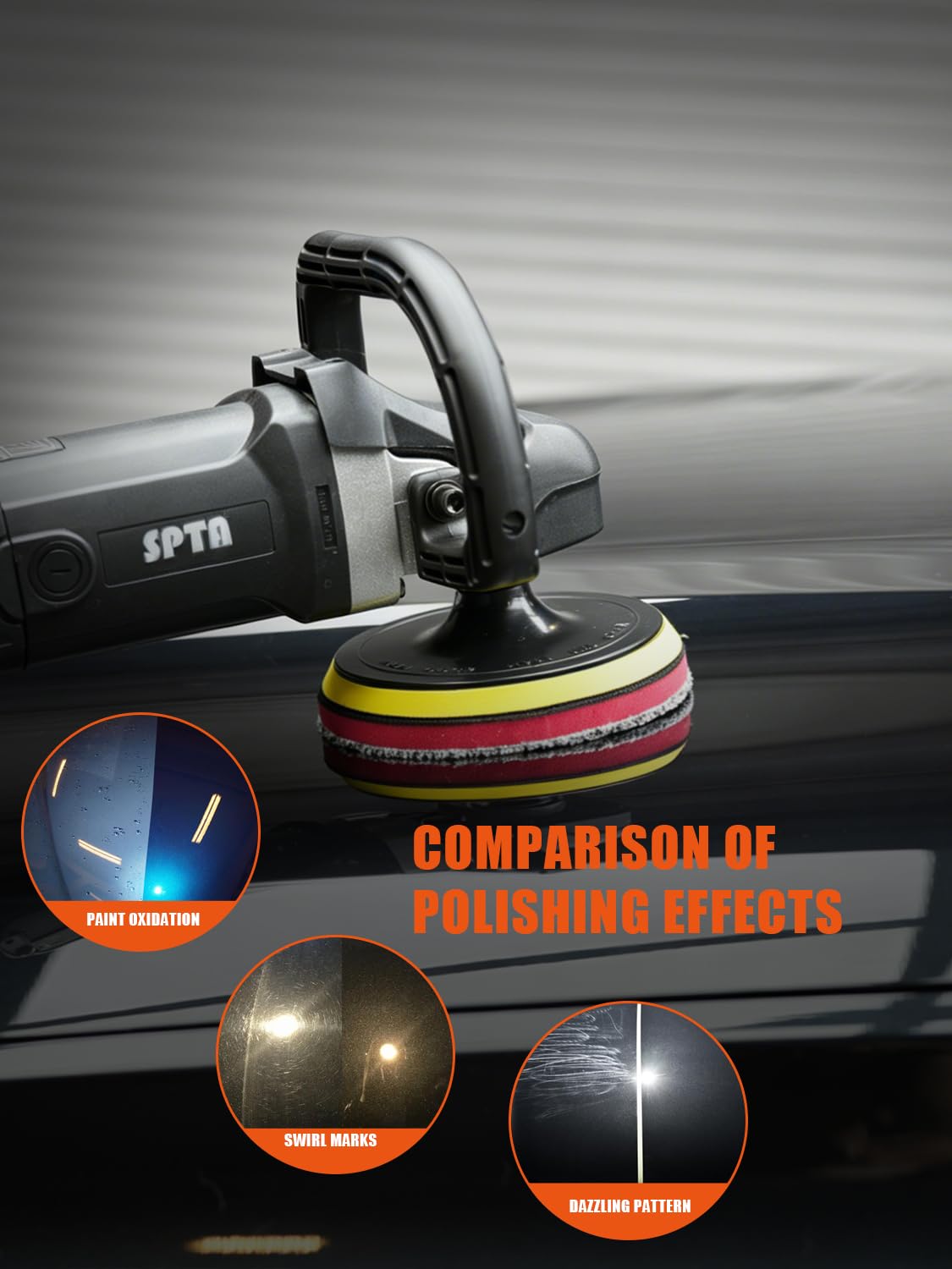 SPTA pad on polisher applied to car door for controlled wax removal