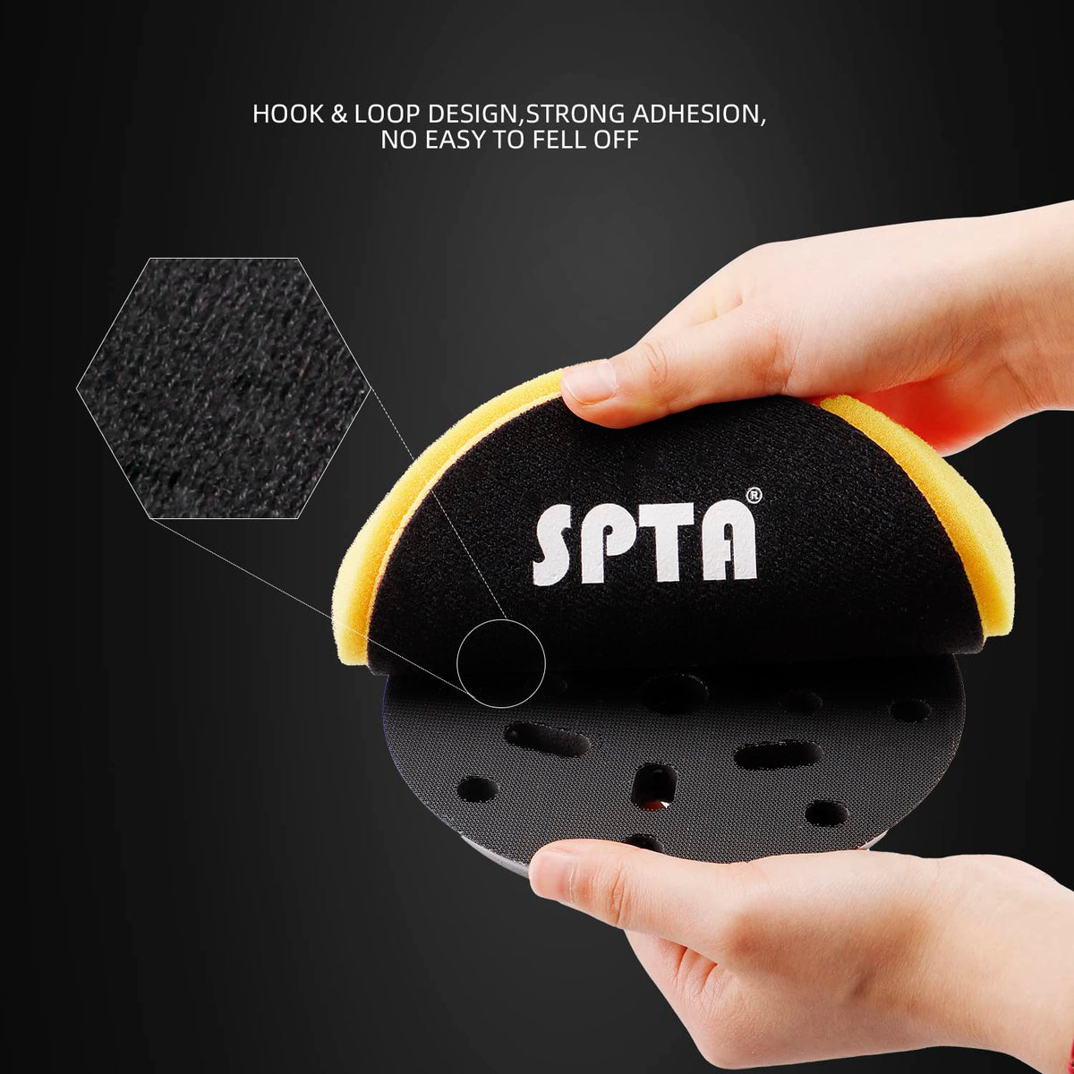 SPTA pad mounted on polisher working on car panel for fast defect removal
